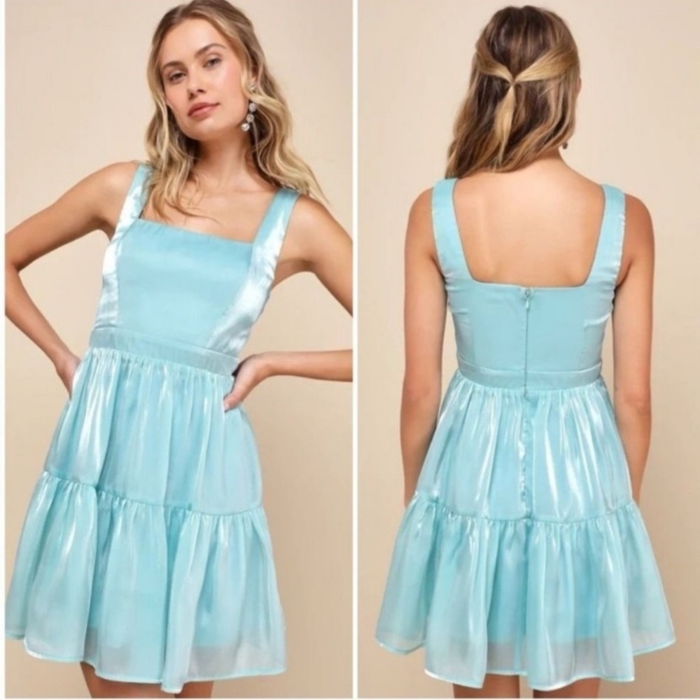Lulus Thriving Darling Shiny Teal Blue Mermaidcore Sleeveless Tiered Mini‎ dress